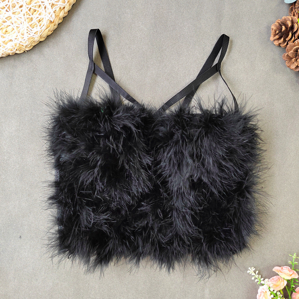 's Ostrich Feather Stitching Leather Spaghetti Straps Outerwear