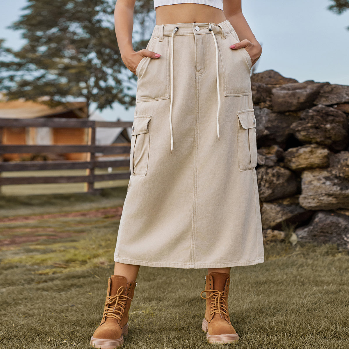 Summer Washed Lace Up Tooling Denim Skirt