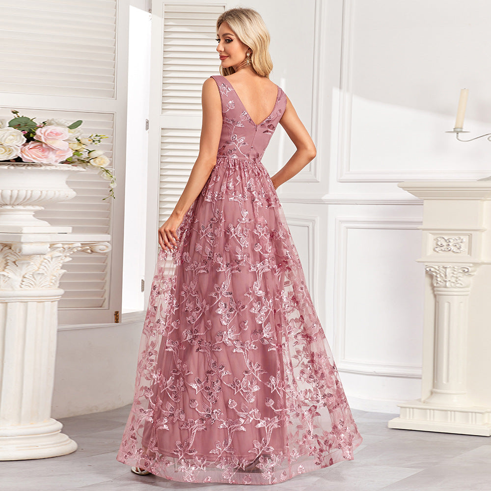 Embroidered V-Neck A-Line Evening Maxi Dress