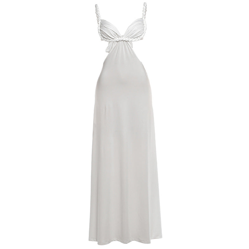 White open-back sheath summer dress with knotted halter straps
