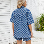 Women's Summer Thin Washed Casual Loose Denim Plaid Shirt Short Sleeve