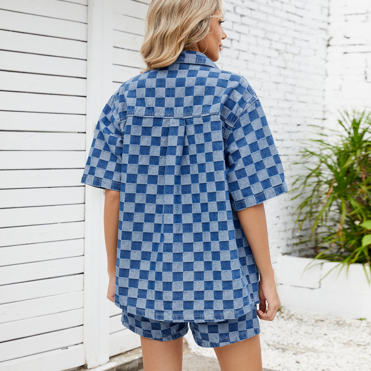 Women's Summer Thin Washed Casual Loose Denim Plaid Shirt Short Sleeve