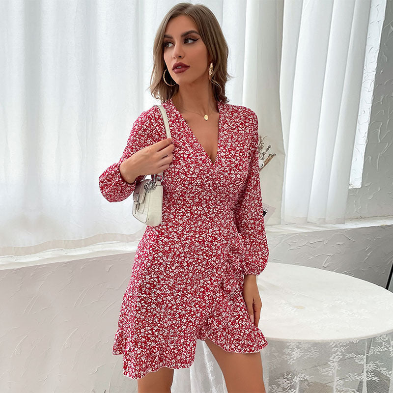 Women's Floral V-Neck Long-Sleeve Dress