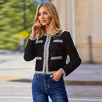 Exquisite round Neck Multicolor Trim Design Classic Tweed Ladies Short Coat High Grade