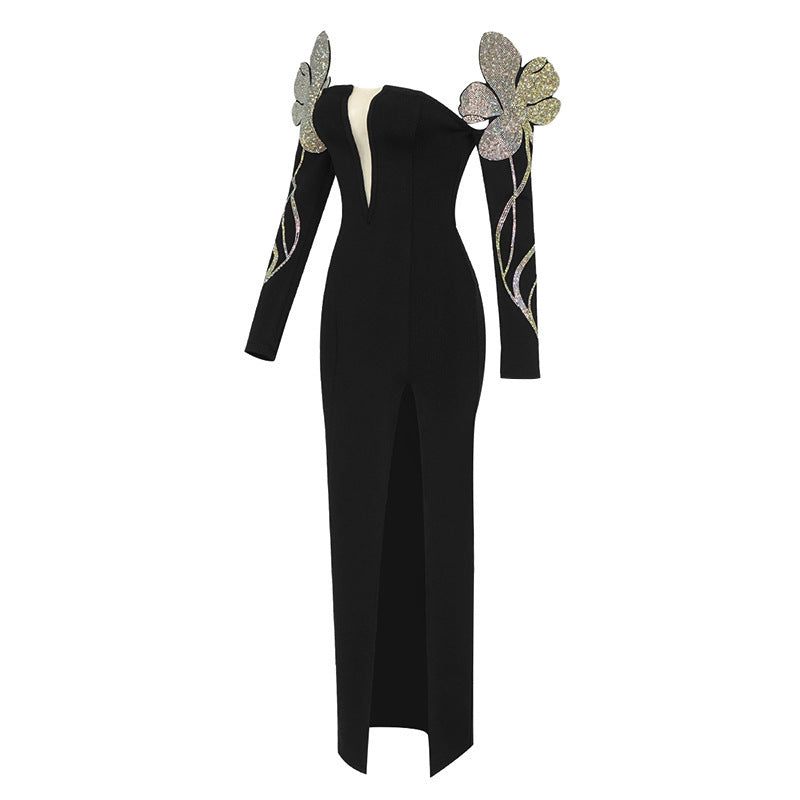 Women's Rhinestone Off-Shoulder Long Sleeve Slit Maxi Dress