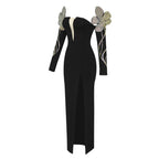 Women's Rhinestone Off-Shoulder Long Sleeve Slit Maxi Dress