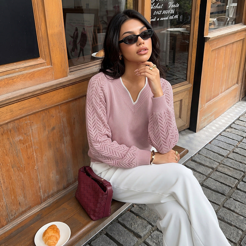 Women's French Contrast-Color V-Neck Sweater