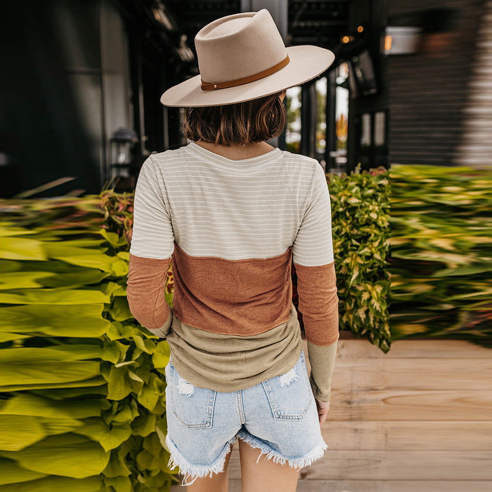 Orange Striped Color Block Long Sleeved Top Women Loose All Match T shirt