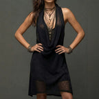 Halter cami dress in black knit, draped cowl neckline, sleeveless