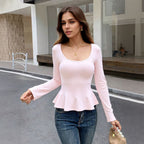 Women's U Neck Long Sleeved T shirt Slim Ruffled T shirt