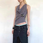 Women's Pleated Cowl Neck Sleeveless Top