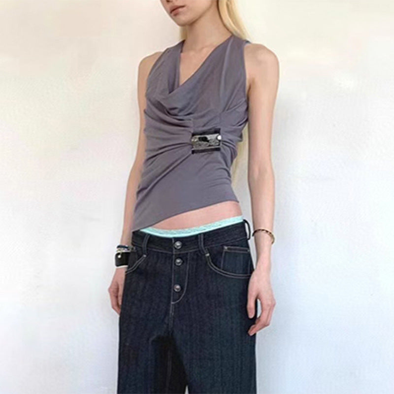 Women's Pleated Cowl Neck Sleeveless Top