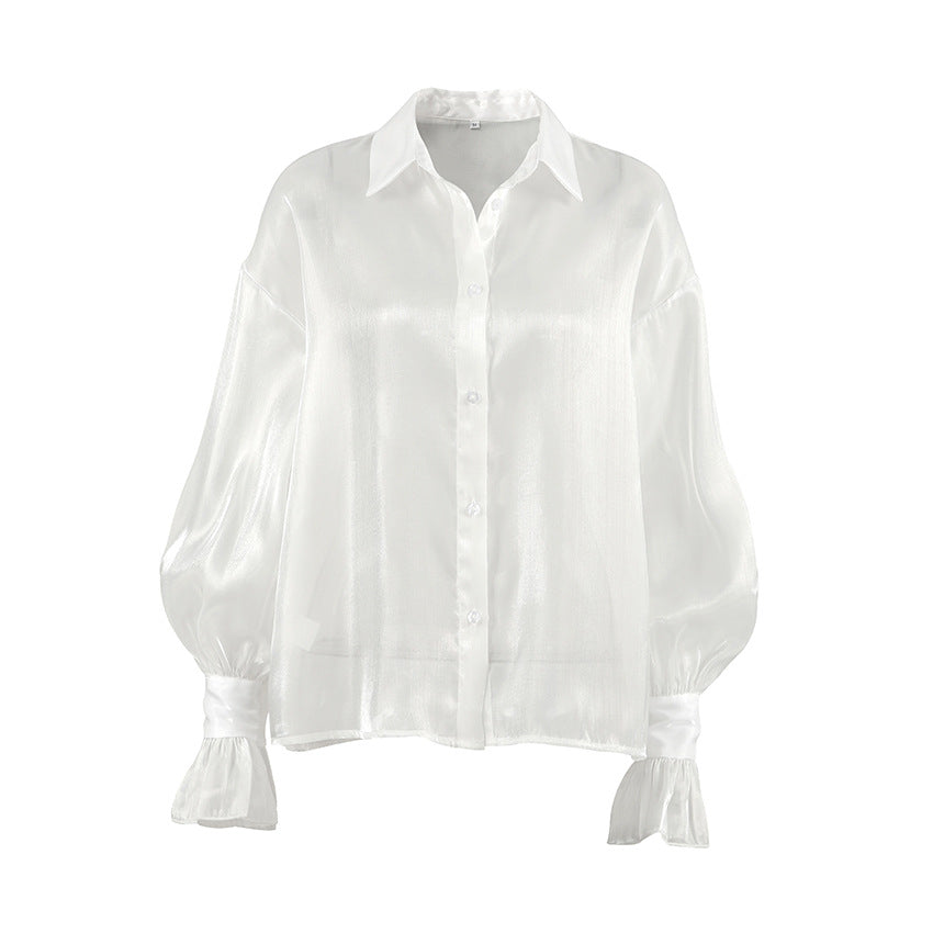 Women's White Sheer Ruffle Sleeve Shirt