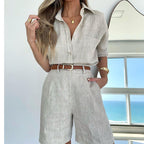Women's Solid Color Casual Long Sleeve Shirt Belt Shorts Women's Set