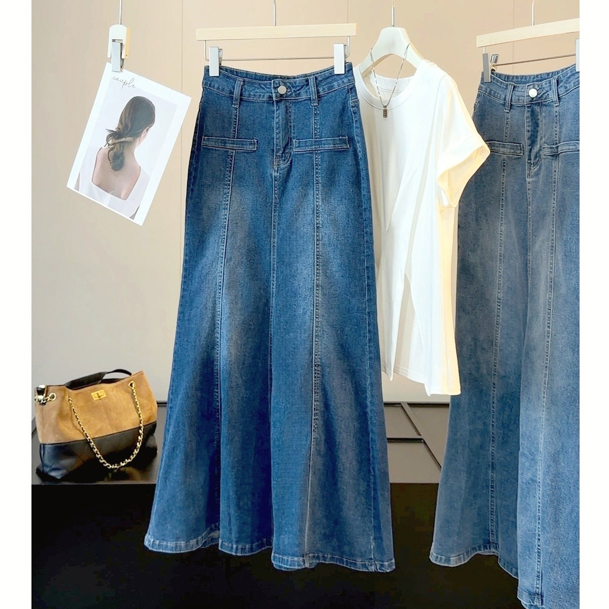 Women's High-Waist Denim Fishtail Maxi Skirt