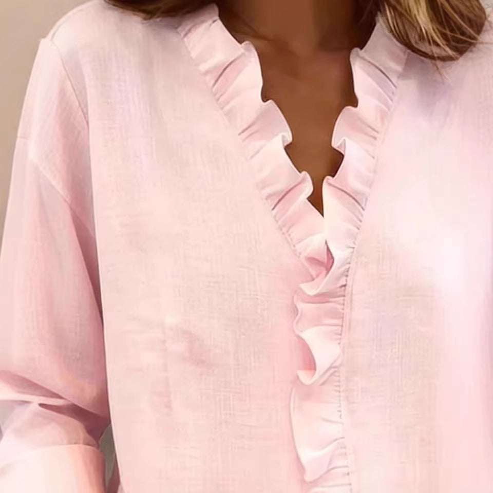 Women's Ruffle-Detail V-Neck Long-Sleeve Blouse