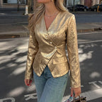 Retro Elegance Gold V neck Slim Fit Long Sleeve Blazer