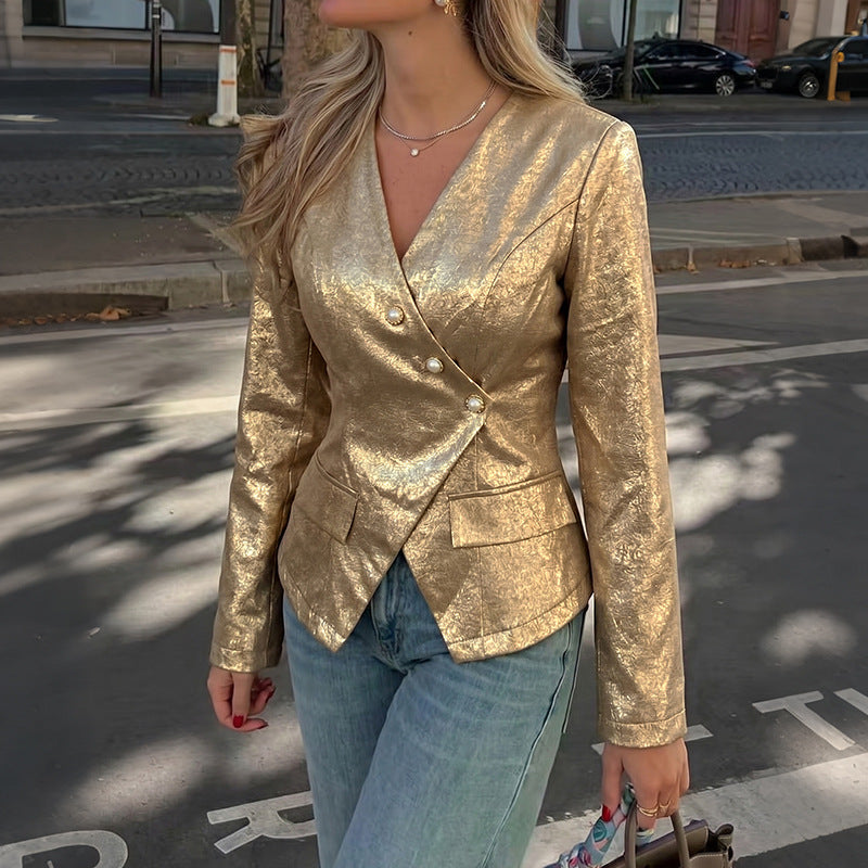 Retro Elegance Gold V neck Slim Fit Long Sleeve Blazer