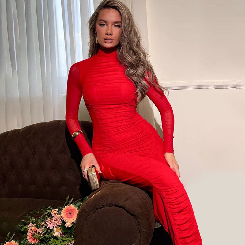 Pleated Turtleneck Long-Sleeve Bodycon Dress
