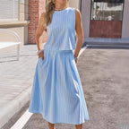 Women Elegant Striped Vest Umbrella Skirt Two Piece Sets