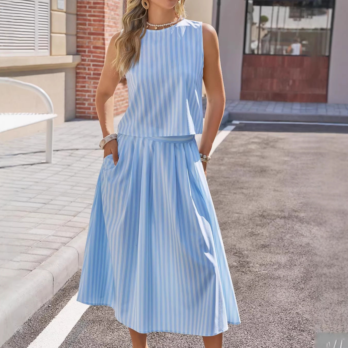 Women Elegant Striped Vest Umbrella Skirt Two Piece Sets