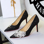 Women's Women's's Elegant Wedding Shoes Wedding Dress Two Way Wear Bridal Shoes Floral Pointed Slip On High Heel…