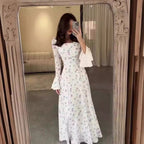 Summer U Neck Printed Long Sleeve Flared Sleeves Slim Dress
