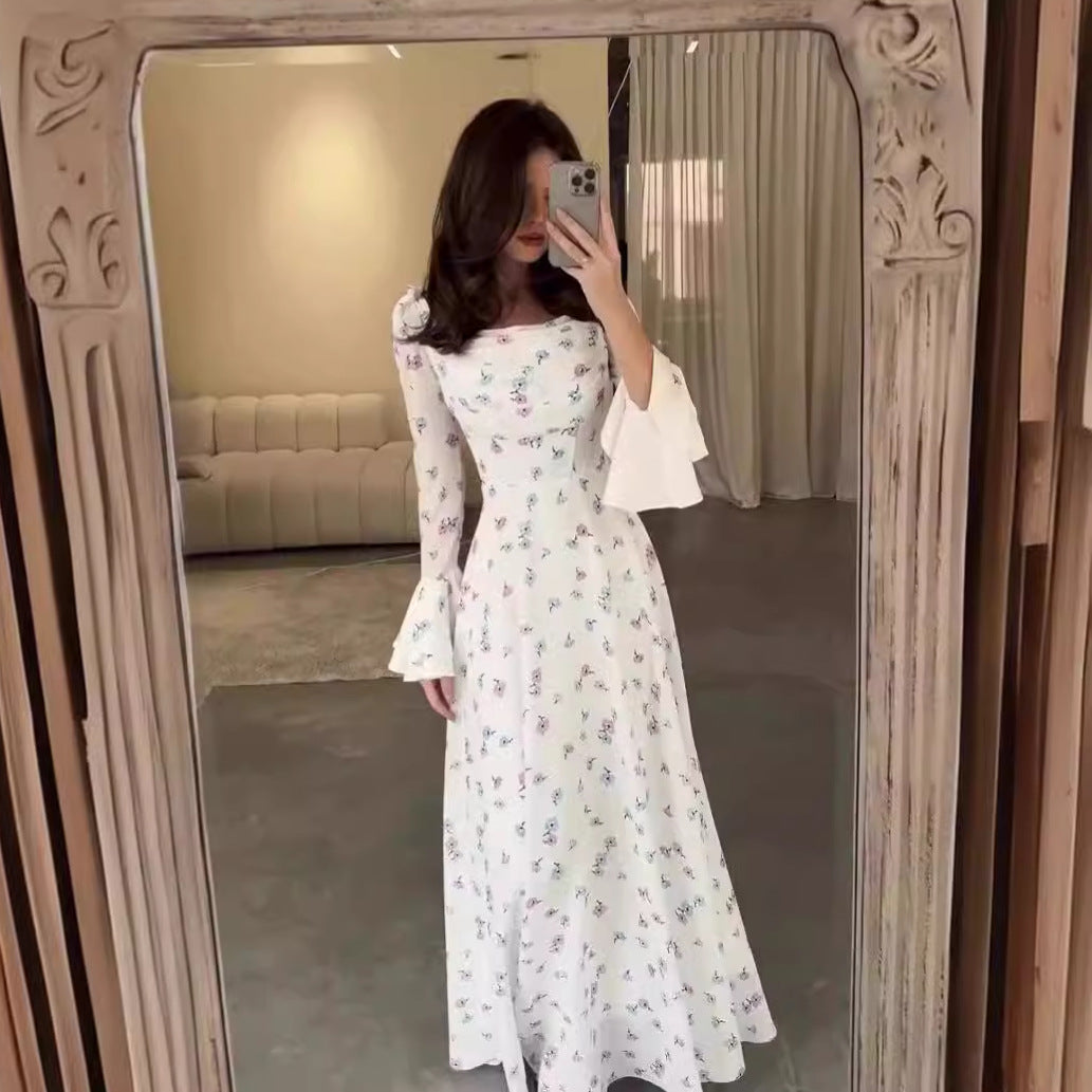 Summer U Neck Printed Long Sleeve Flared Sleeves Slim Dress