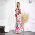 Women's Floral V neck Lotus Leaf Sleeve Mid Length Dress
