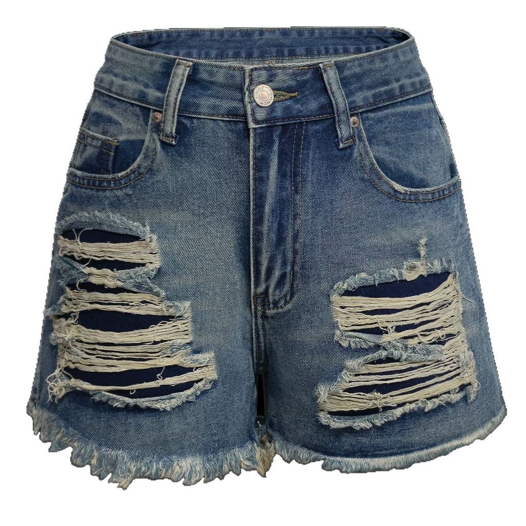 High-waist blue denim shorts with ripped front pockets and frayed raw hem