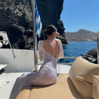Women's Round Neck Dress Women Elegant Beach Sun Protection Dress Party Summer Long Sleeve Sexy Backless Dress