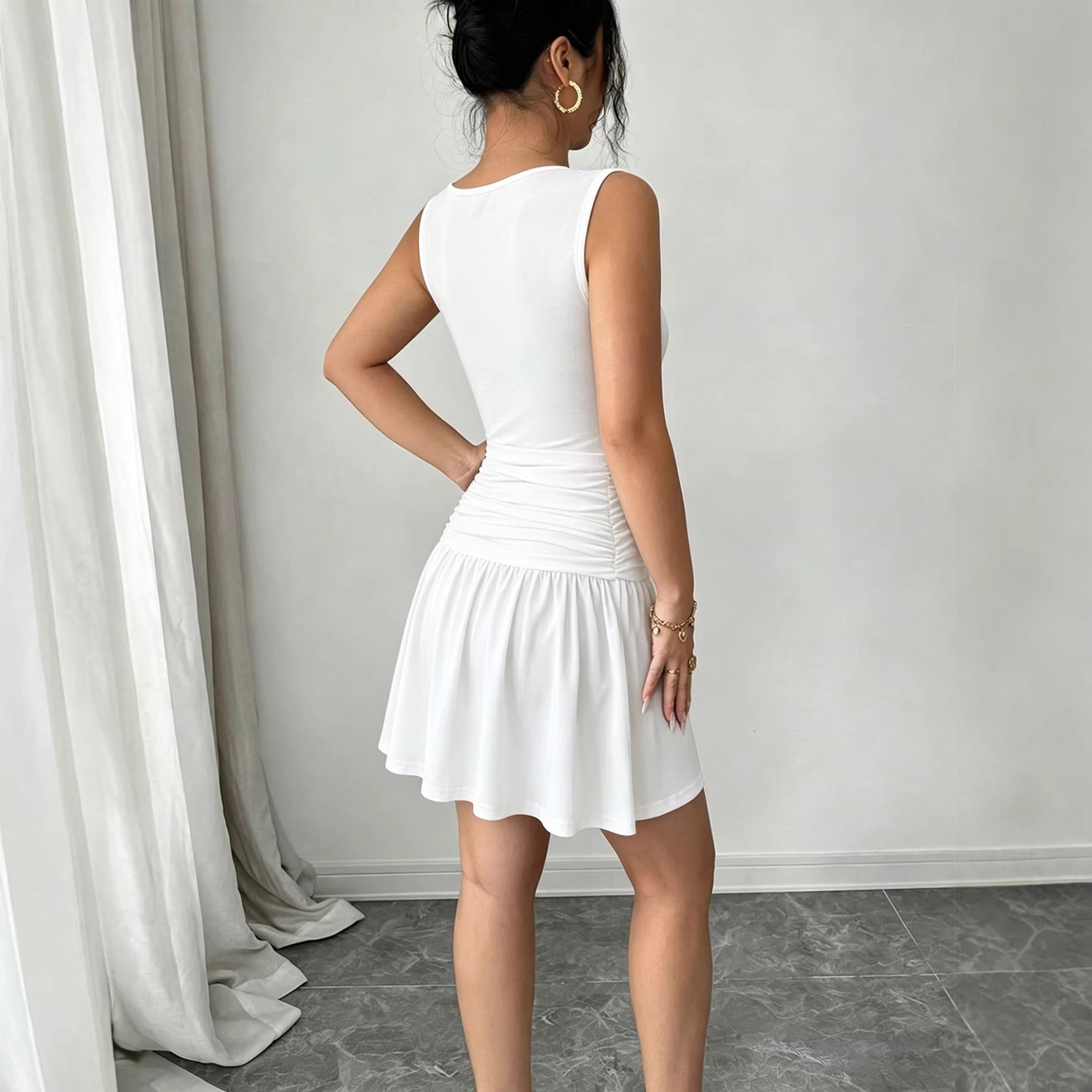 Women's Crew-Neck Ruched Pleated Dress