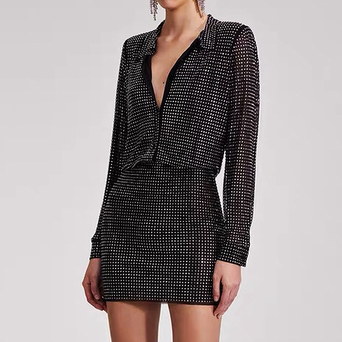 Women's Mesh Rhinestone Socialite Shirt and Skirt Two-Piece Set