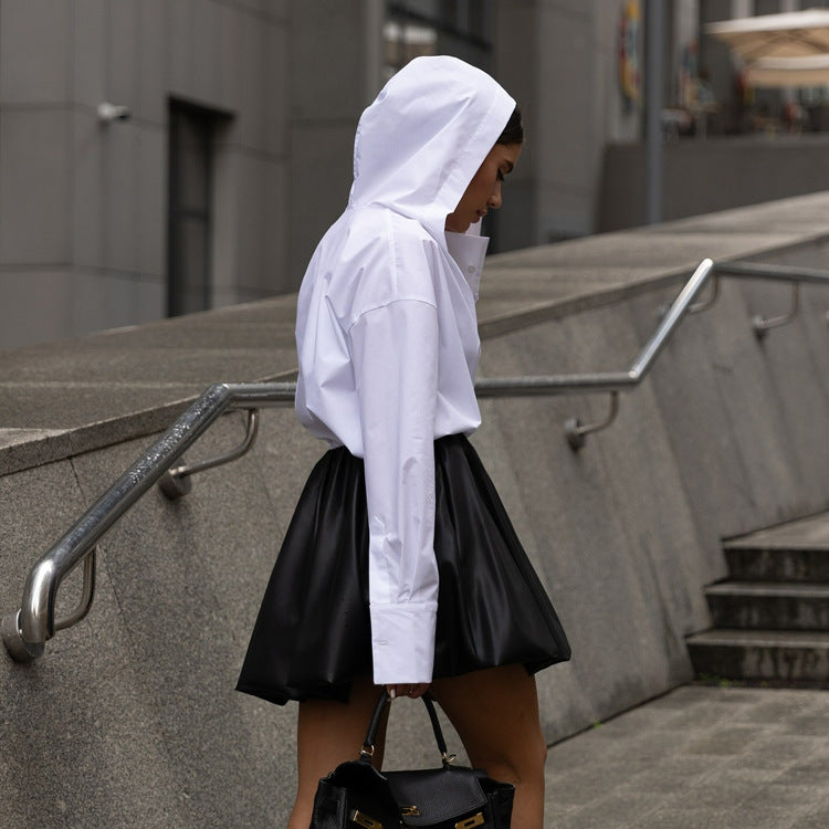 Cotton White Long Sleeved Hooded Shirt Cardigan