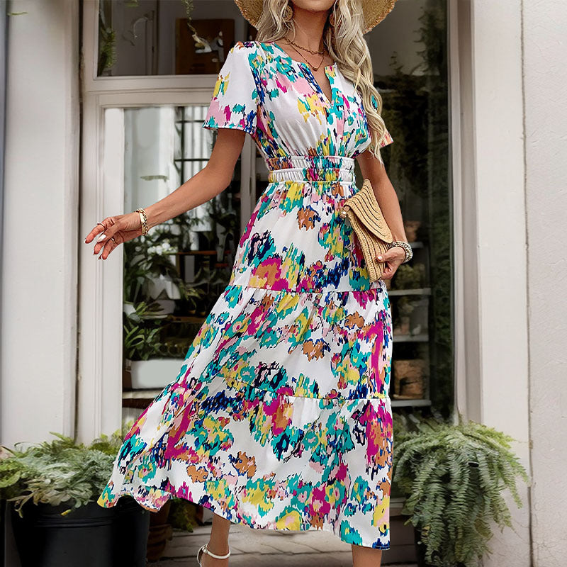 Printed V-Neck Short-Sleeve Midi Dress