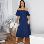U-Neck Short-Sleeve Denim Maxi Dress
