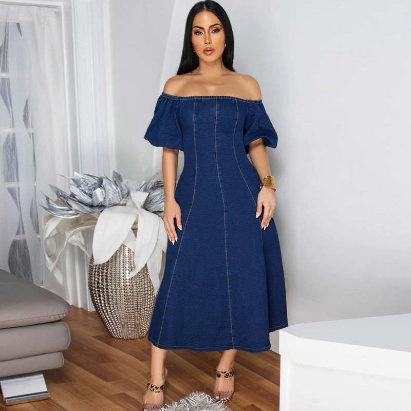 U-Neck Short-Sleeve Denim Maxi Dress
