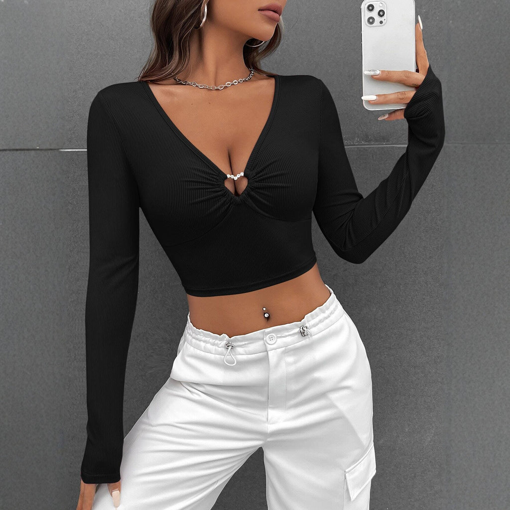 Women Clothing Black V neck Hollow Out CO out Long Sleeved
