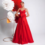 Big Bowknot Red Slip Dress Deep V Plunge Waist Tight Socialite Light Luxury Cocktail Party Evening Dress