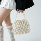 Women's French Vintage Handmade Beaded Bag All Matching Hollow Out Cutout White Imitation Pearl Acrylic Mobile Phone Bag