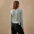 Women's Early Autumn Niche Irregular Asymmetric Button Design Streamer Long Sleeve Knitted Cardigan High Grade T Shirt