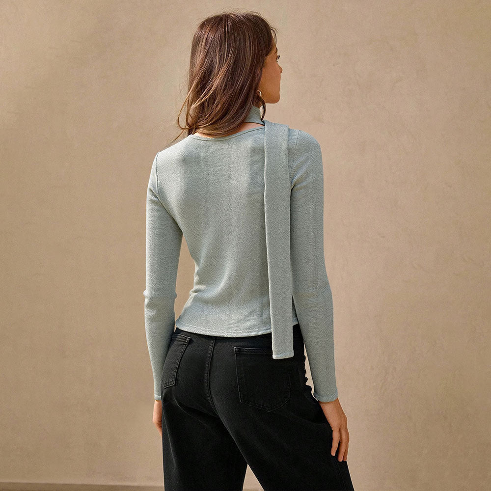 Women's Early Autumn Niche Irregular Asymmetric Button Design Streamer Long Sleeve Knitted Cardigan High Grade T Shirt