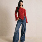 Women's Arrival Oblique Shoulder Texture T Shirt Irregular Asymmetric Hem Metal Buckle Horn Long Sleeve Top