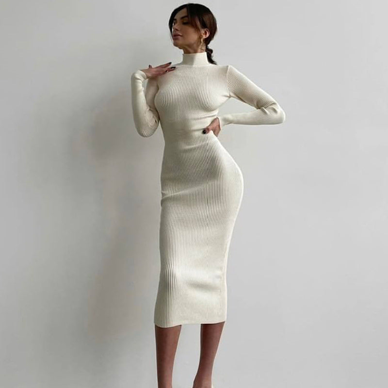 High Collar Midi Sunken Stripe Knitted Dress Solid Color Wool Tight