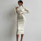 High Collar Midi Sunken Stripe Knitted Dress Solid Color Wool Tight