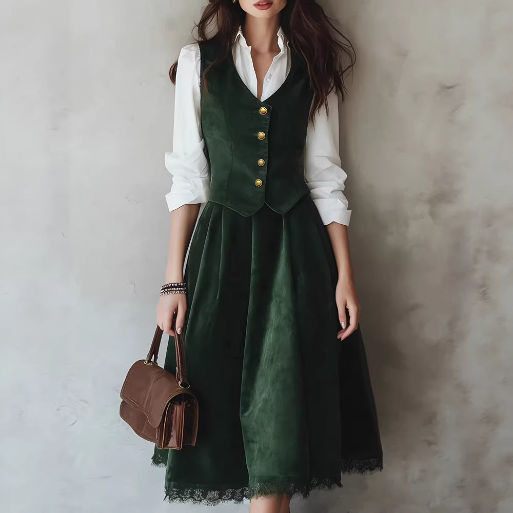 Spring Summer Women Clothing Wild Elf Vintage Vest Lace Skirt Set