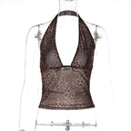 Leopard print sheer halter top with deep V neckline and black trim