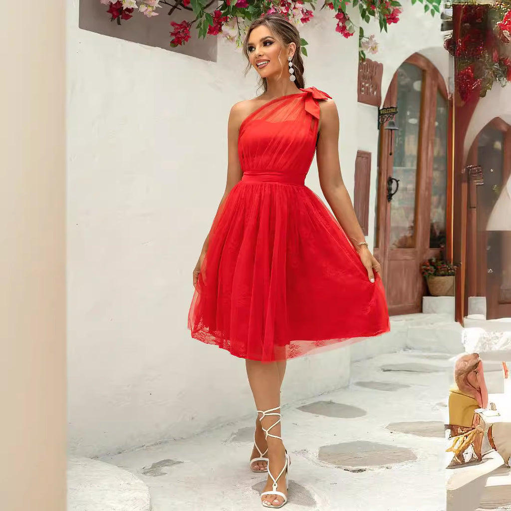 One-Shoulder Backless Mesh Dress