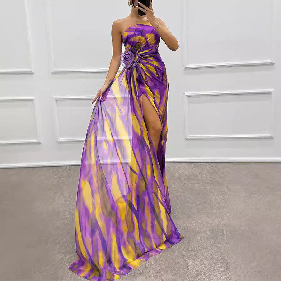 Women's One-Shoulder Printed Ruched Feather Split Bodycon Maxi Dress