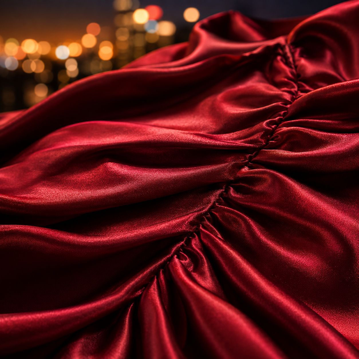Red Satin One-Shoulder Ruched Maxi Dress
